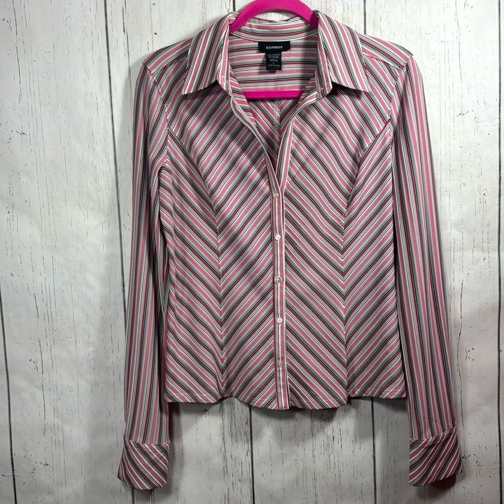 Express Pink Black White Striped Button Down Shirt Stretch Career Y2K Preppy